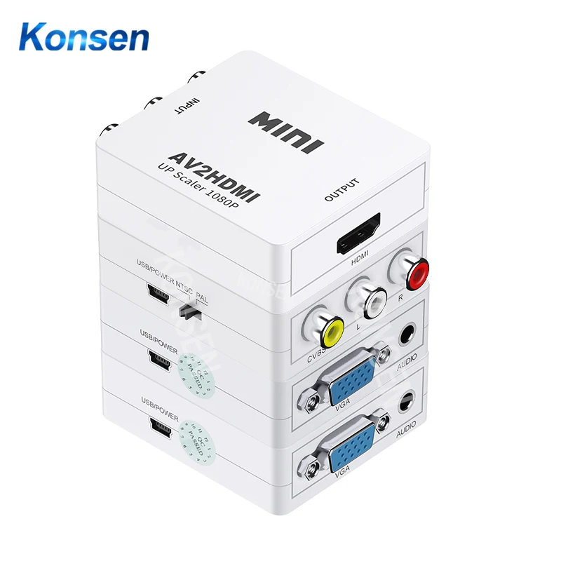 Konsen HDMI to RCA Converter AV/CVSB L/R Video Box HD 1080P AV2HDMI Support NTSC PAL Output HDMI TO VGA Video Converter