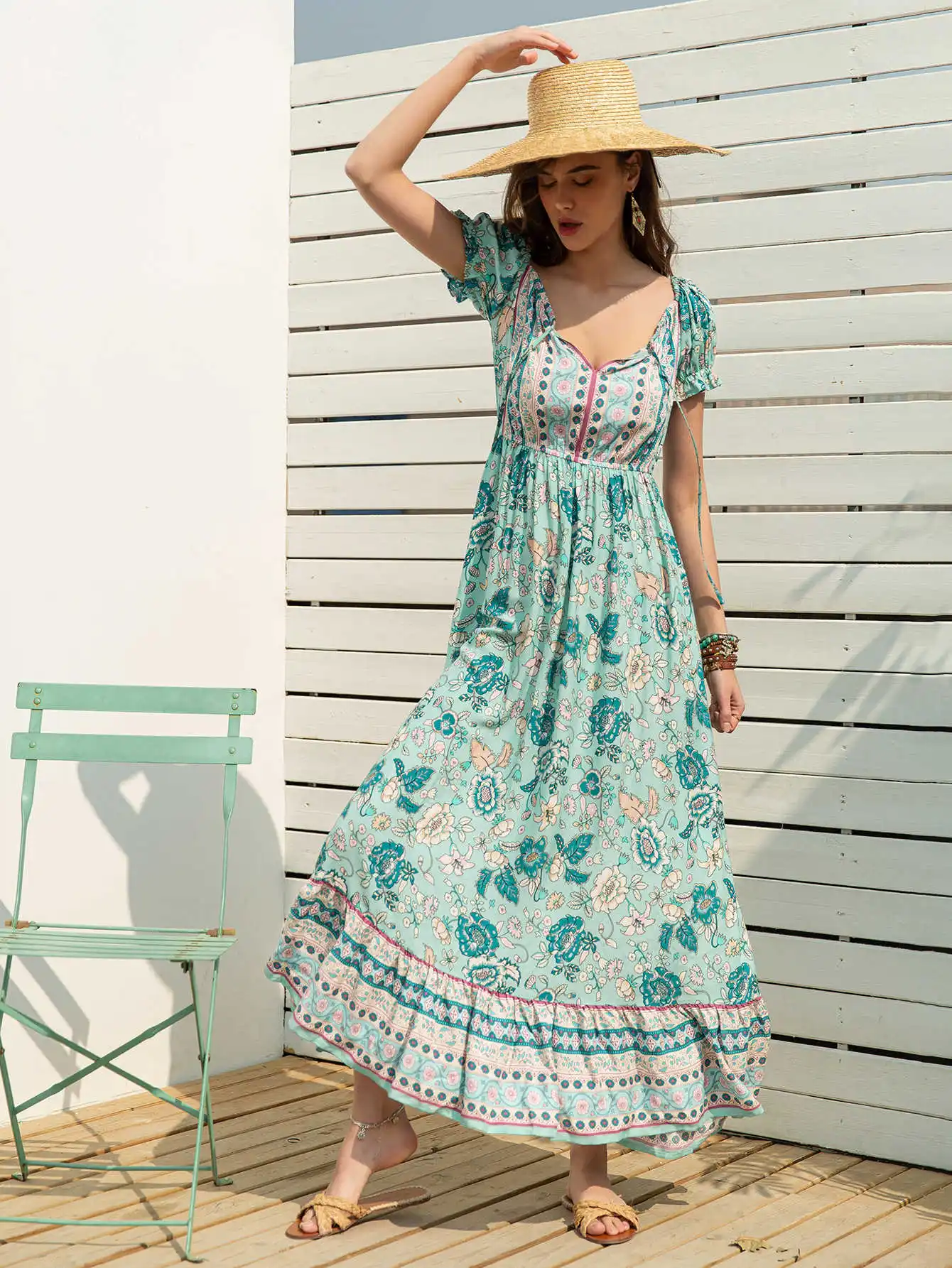 

round neck Bohemian high waist slim print dress for women