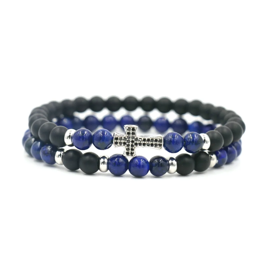 2Pcs/Set Natural Lapis Stone Beaded Strand Cross Bracelet For Men Women Jewelry | Украшения и аксессуары