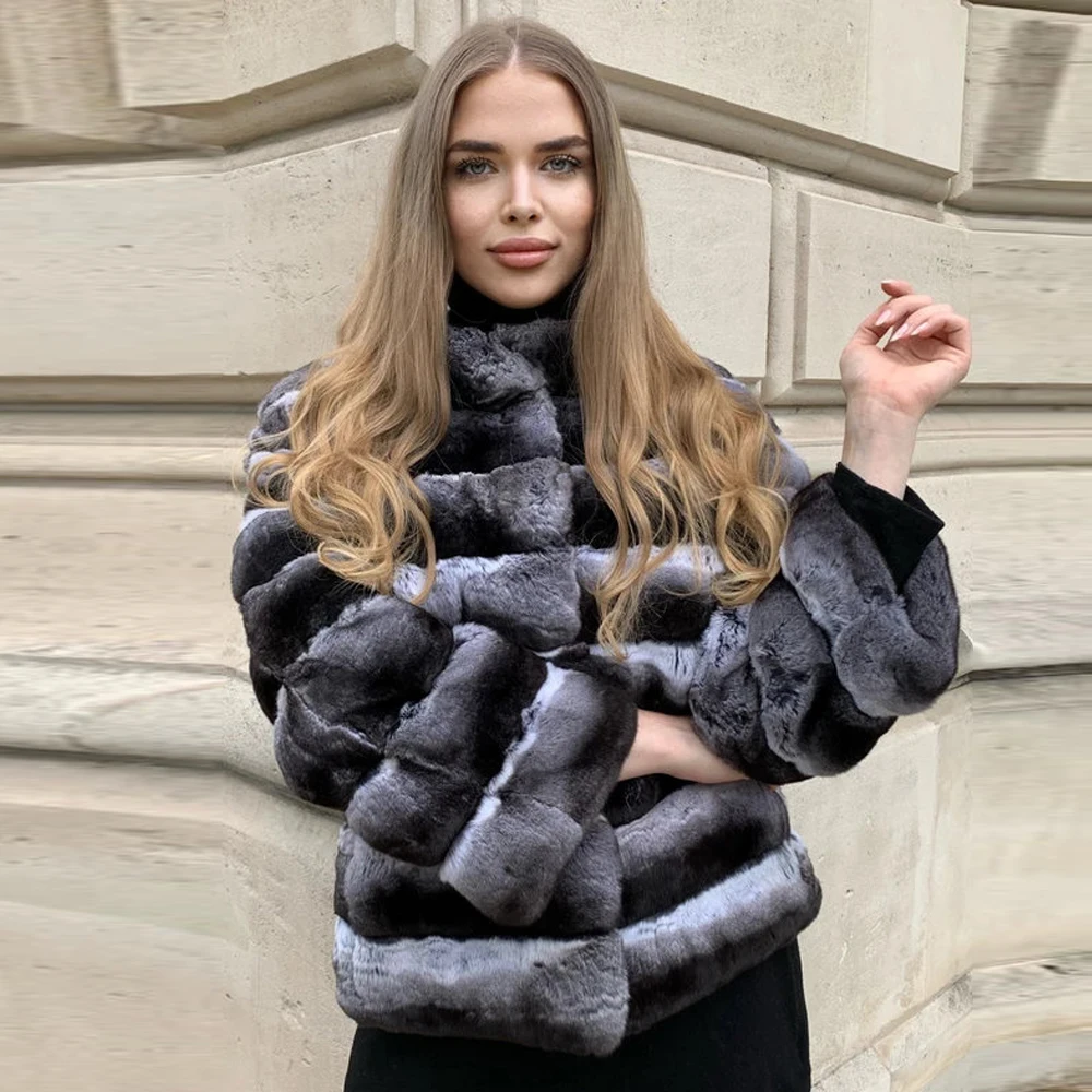 Women Fashion Rex Rabbit Fur Jacket Natural Women 2022 New Stand Collar Long Sleeve Real Rex Rabbit Fur Coats Outwear Female