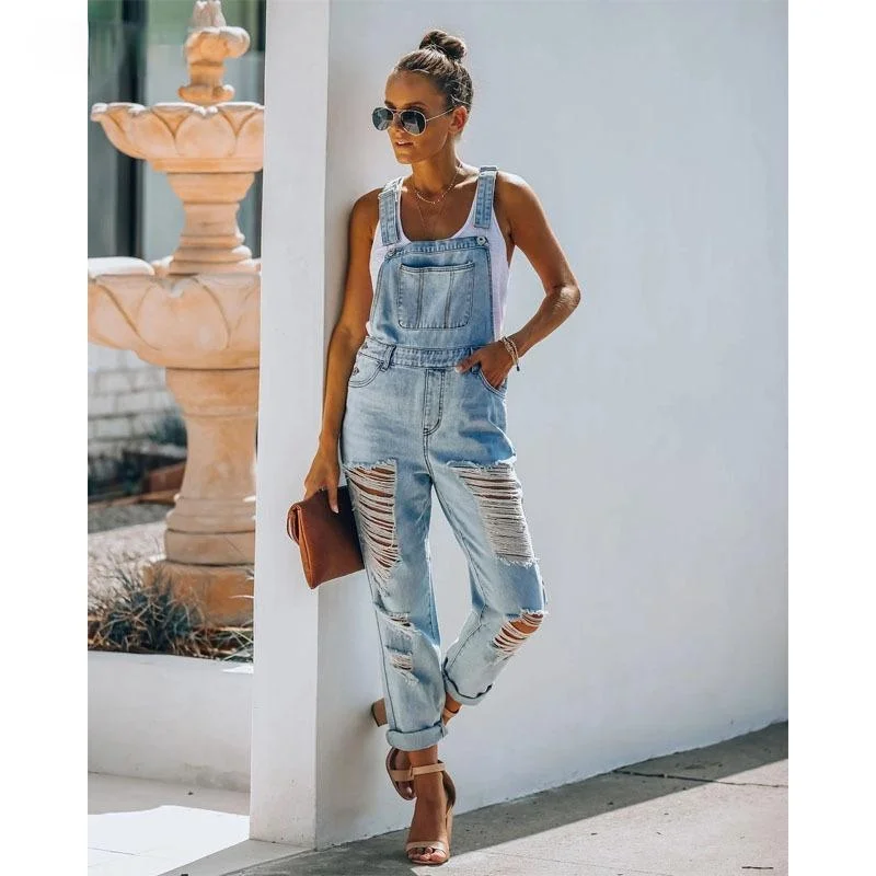

2021 Spring Summer Washed Denim Overalls Summer Streetwear Jeans Denim Brace Jumpsuits High Waist Women Ripped Jeans