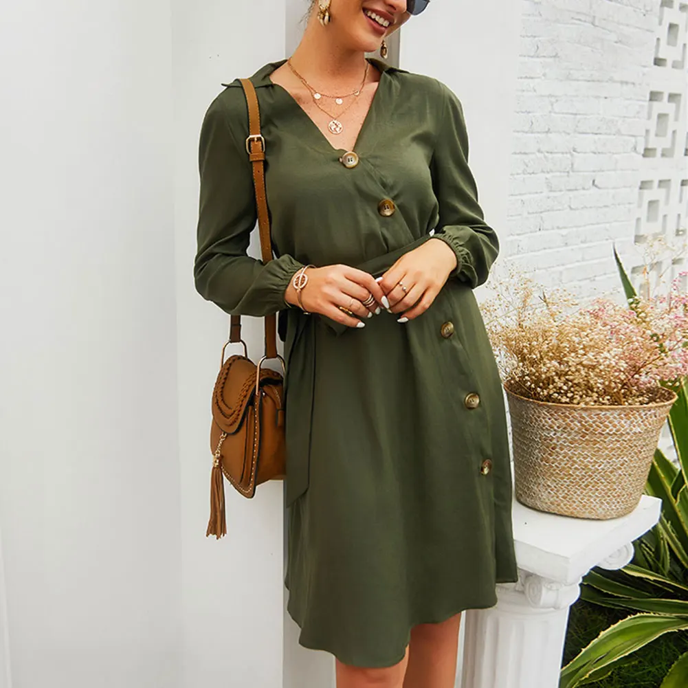 Новое модное женское осенне-зимнее платье с v-образным вырезом и тонким поясом