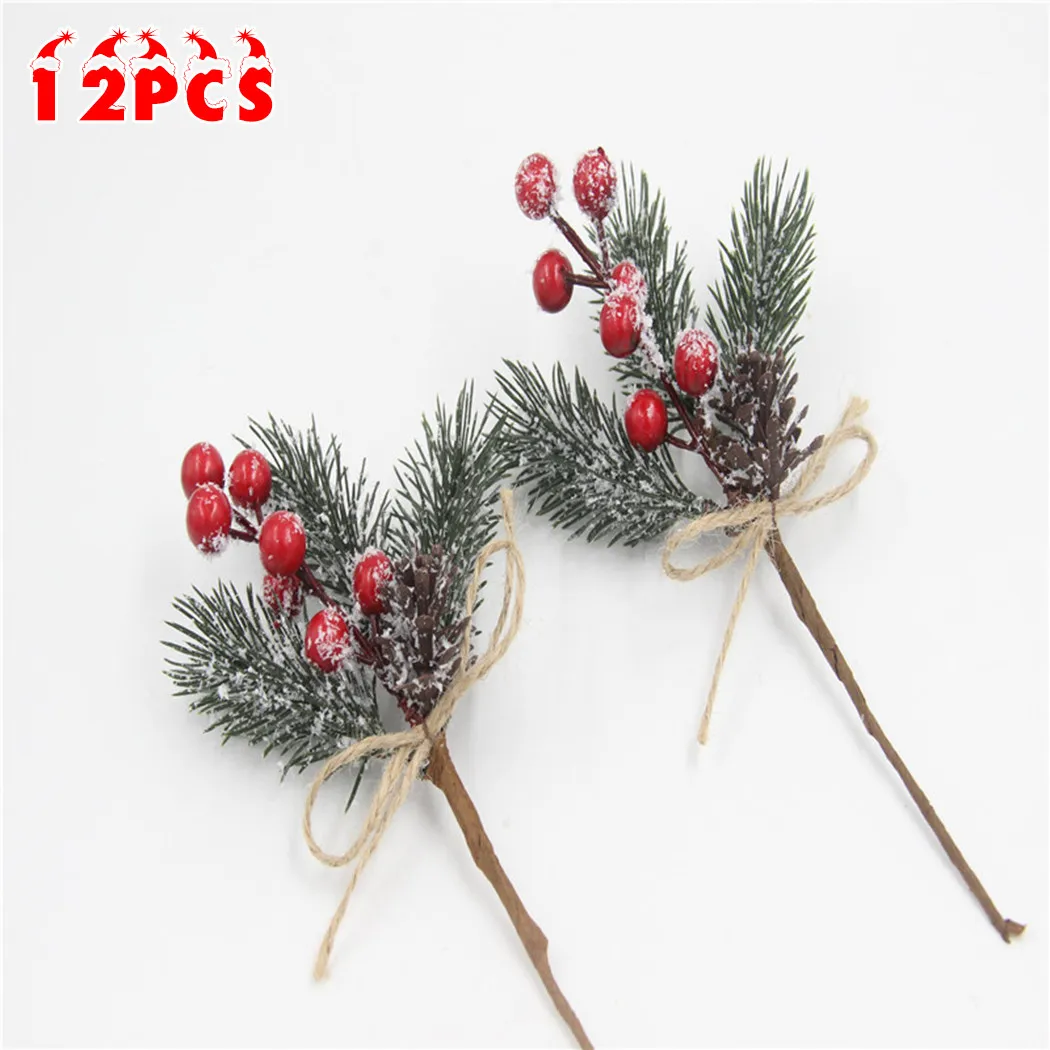 

12pcs Christmas Ornament Artificial Berry Branch Simulation Pine DIY Decoration For Xmas Party Wedding Garden Office Home Decor