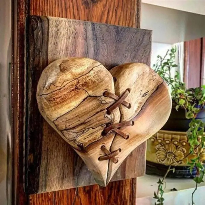 

Broken Heart Crafts Home Decor Wooden Broken Heart Leather Stitched Wall-Hanging Ornament Tabletop Decorative Special Gift