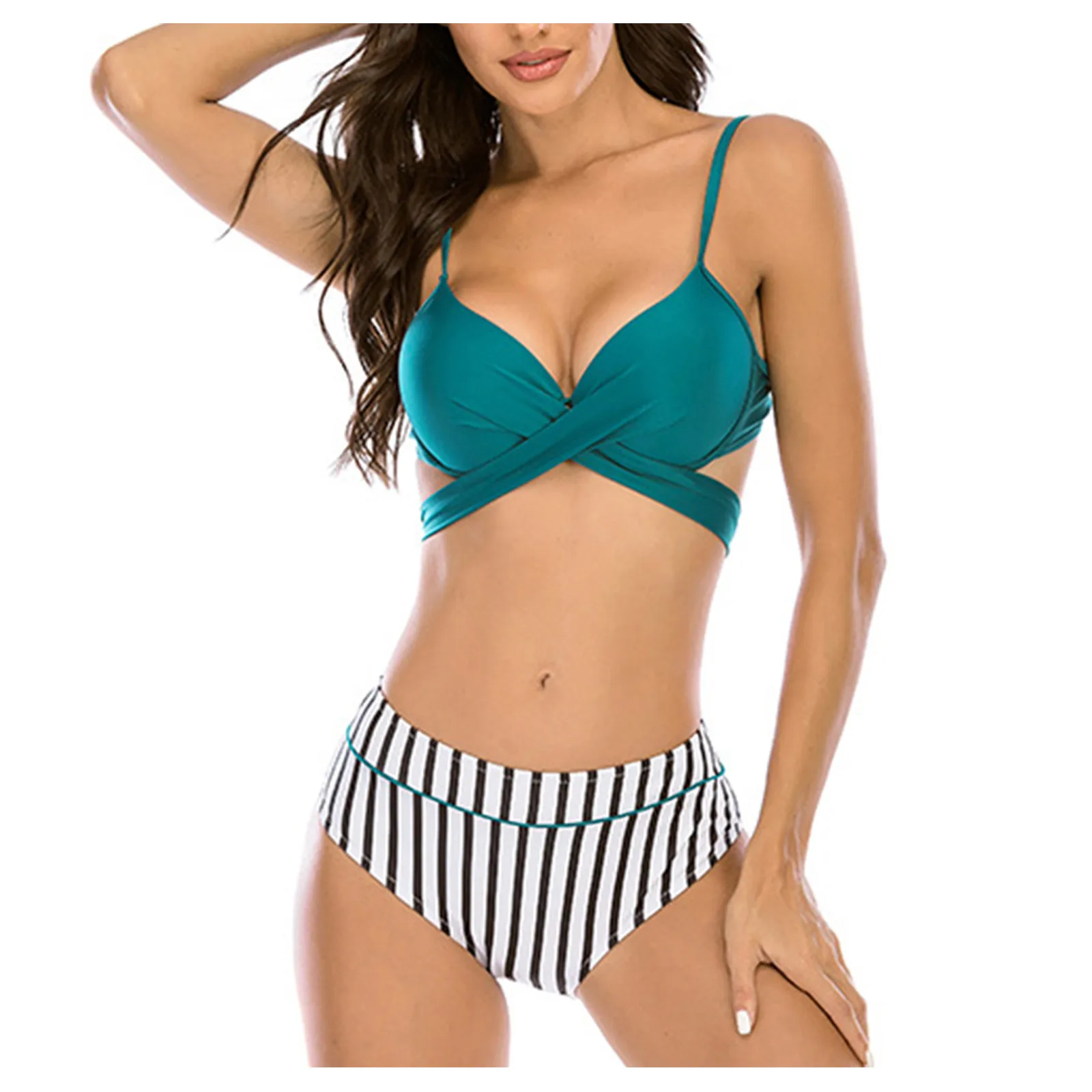 

Summer Sexy Bikini Set Women's Stripe Print High Waist Push Up Hallow Out Slim Swimsuit Summer Sexy Split Beach Swimwear
