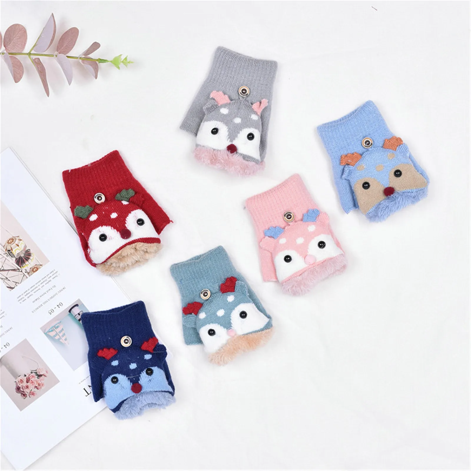 

1 пара из кашемира для детей милые с рисунком олененка, Acquard ткань теплый вязаный пальцев флип перчатки Детский подарок Handschoenen Вид