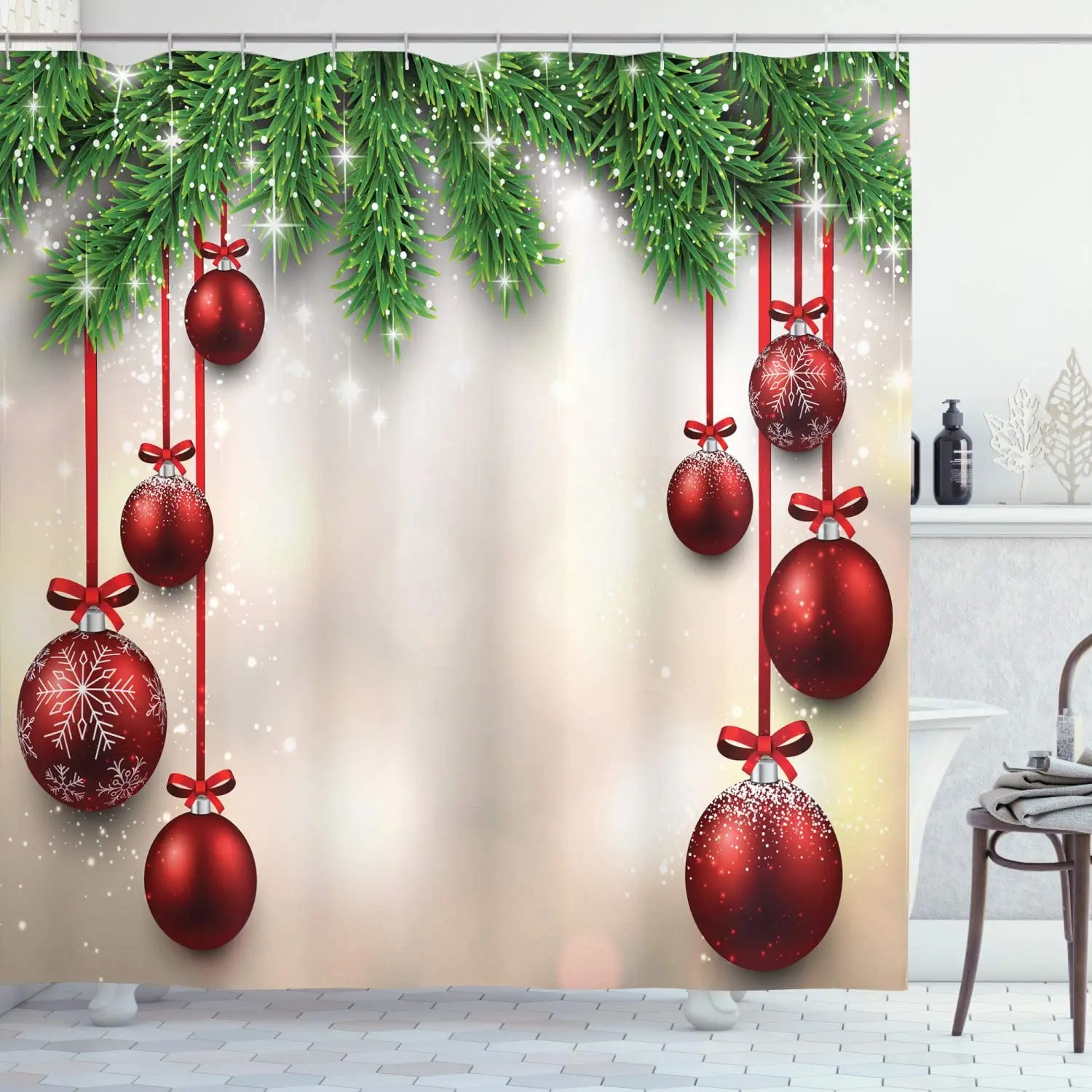 Christmas Shower Curtains Winter Season Theme Green Fir Twigs Red Xmas Balls Print Fabric Bathroom Decor Bath Curtain with Hooks