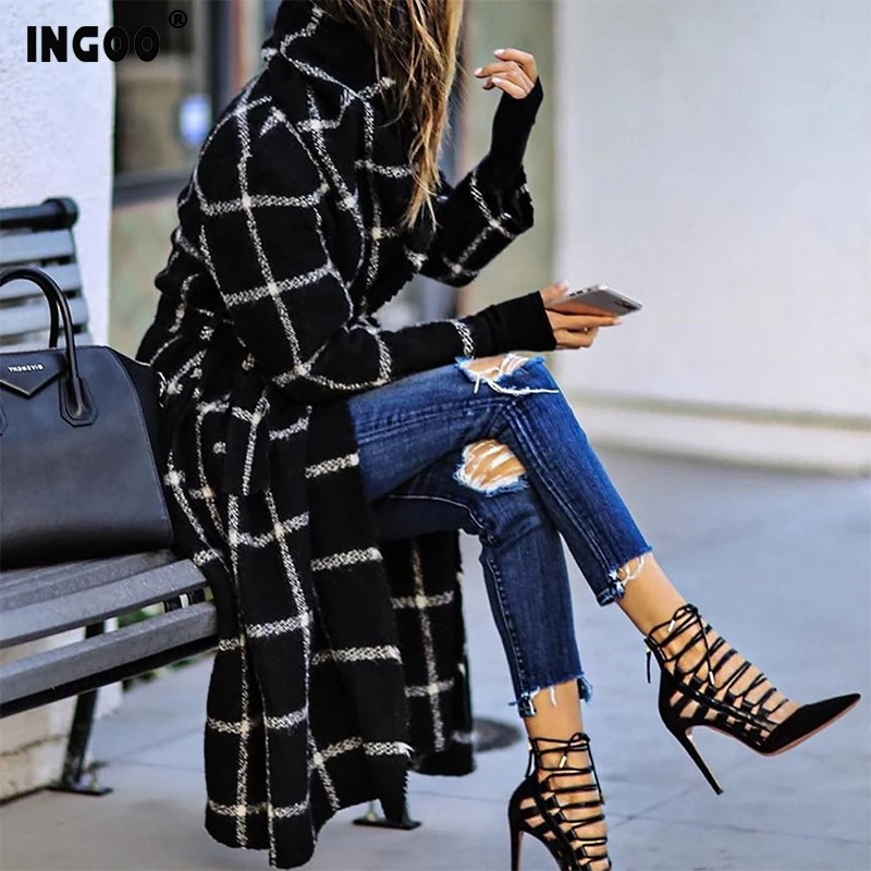 Женское шерстяное пальто в черную и белую клетку INGOO офисное Свободное длинное с
