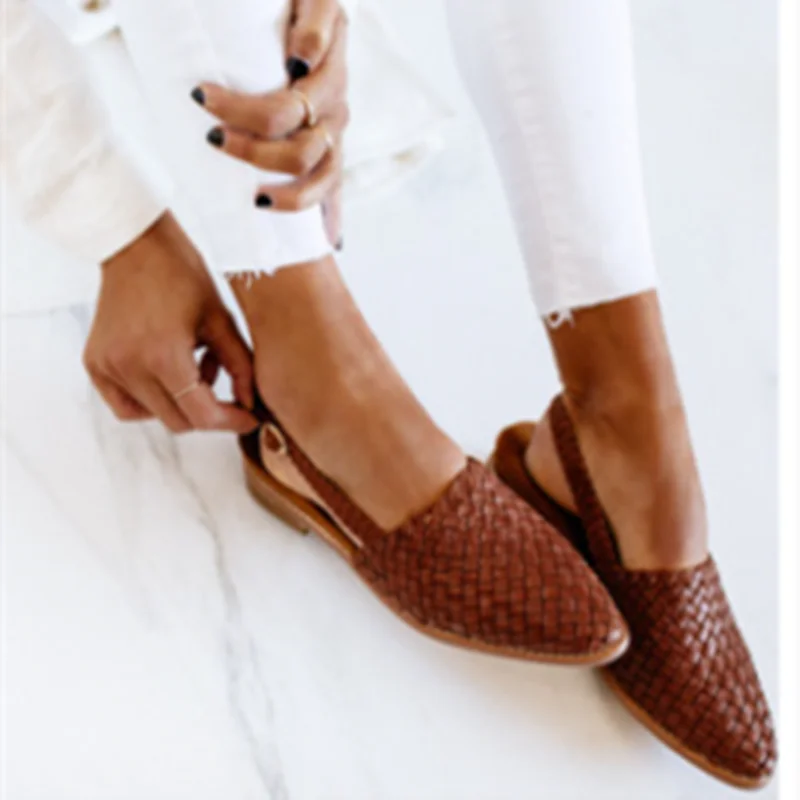 

Women Weaving Flats Sandals Back Strap Pointy Toe Sandals Retor Shoes With Buckle For Wide Foot 43-35 Black Green Blue White Red