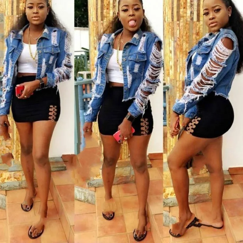 

Ladies High Street Short Ripped Wind Net Red Explosion Big Hole Single-breasted Denim Jacket Women