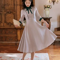 vintage hot sale high quality peter pan collar bowknot collect waist three quarter sleeve women long dress