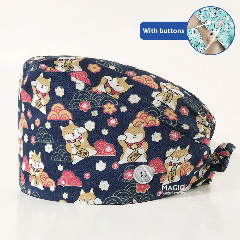 

animal pattern print Unisex cotton Cartoon adjustable Scrub hat beauty salon nursing cap laboratory work with button Scrubs Cap