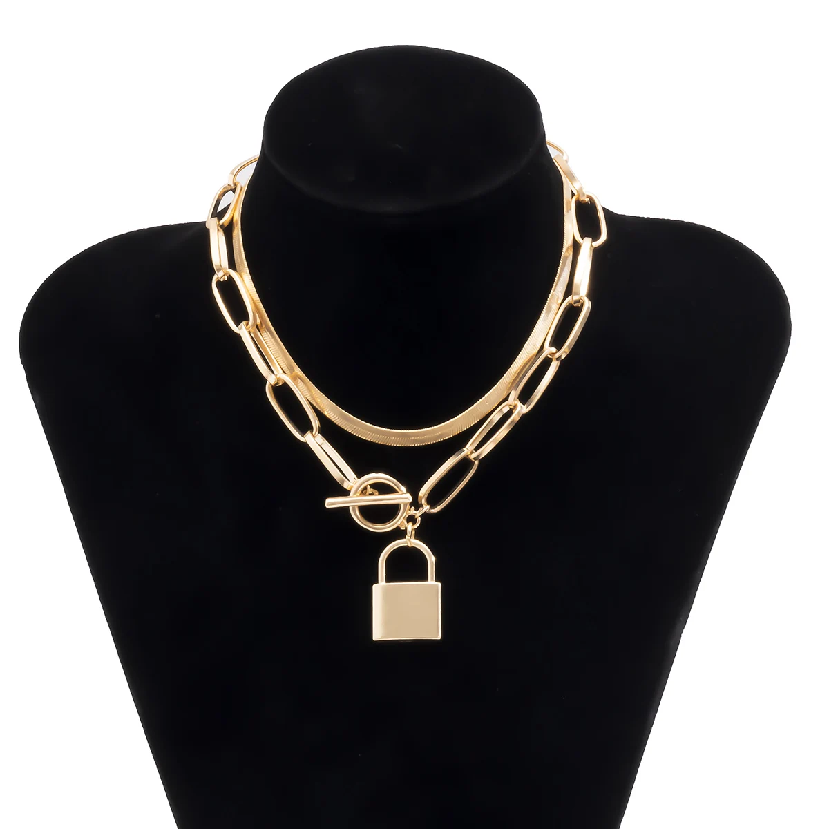 

IngeSight.Z 2Pcs/Set Vintage Lock Padlock Pendant Necklace Multi Layered Flat Snake Chain Choker Necklaces for Women Men Jewelry