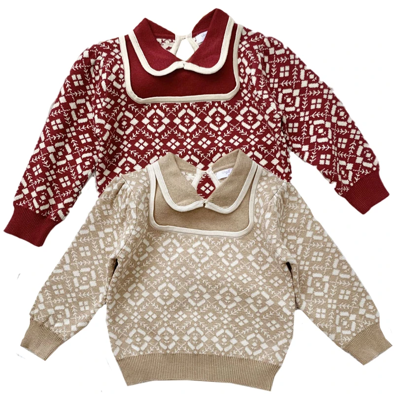 

Christmas Baby Girls Sweater Autumn Toddlers Kids Knitted Pullovers Korean Style Pure Color Peter-pan Collar Baby Girls Sweaters
