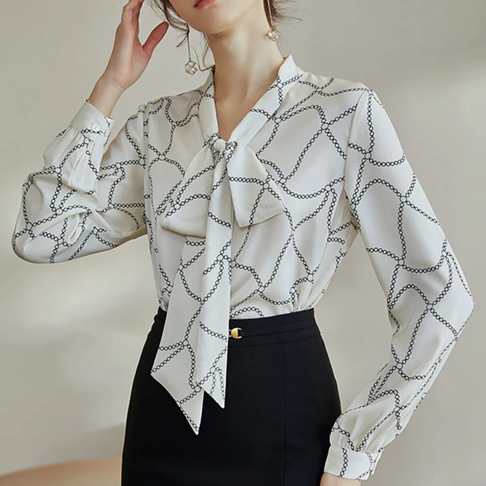 

Blouse Floral Pattern Korean Style Elegant Office Lady Thin Blouse Ladies Fashion Simple Long-sleeved Shirt Japanese Spring New