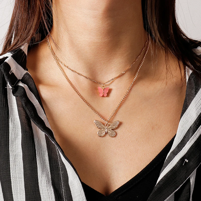

Multi-Layer Gold Color Link Chain Butterfly Charm Pendant Choker Necklace For Women Statement Jewelry 2 Color Charms Bijoux