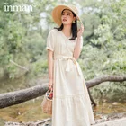Женское белое скромное платье с V-образным вырезом и эластичным рукавом, приталенное хлопковое простое платье с завязками на талии, INMAN