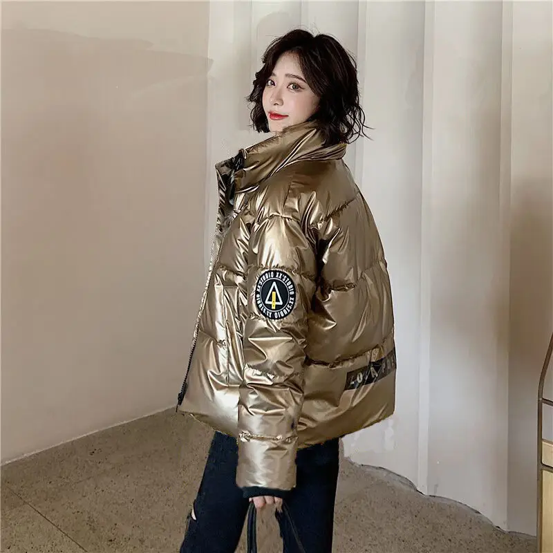 Glossy Cotton-Padded Coat Women Winter New Blue Korean Style Ins Loose Thick Warm  Fashion Stand Collar Cotton Coat Jacket Women