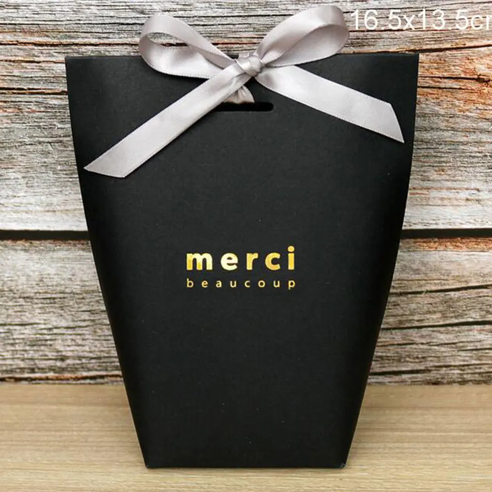 Black Merci 10 шт./партия, французские подарочные бумажные пакеты, креативные бронзовые ленты с бантом, дизайнерские Упаковочные сумки, Свадебные вечерние сумки, поставщики - Цвет: Black Merci
