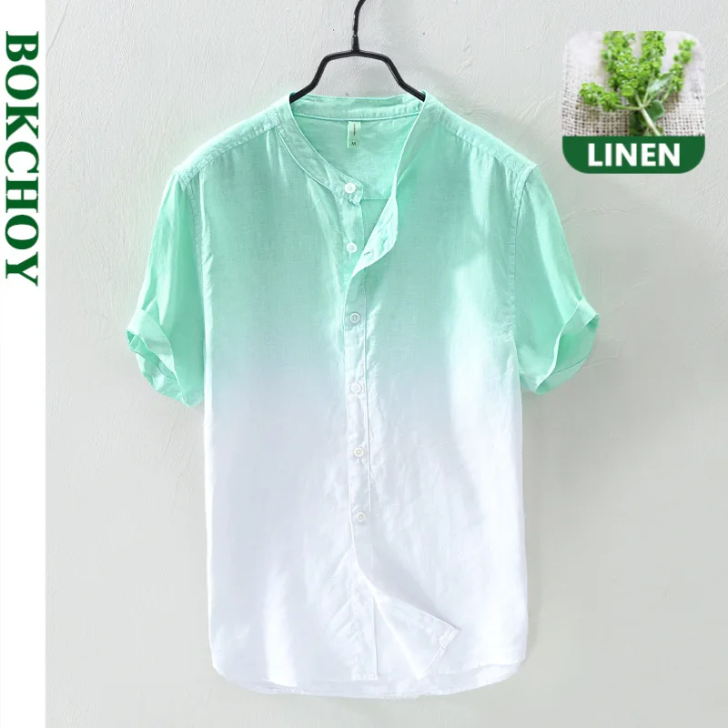 

Мужская рубашка из льна, с градиентным переходом цвета, с воротником-стойкой, с коротким рукавом, повседневная, для лета, 739
