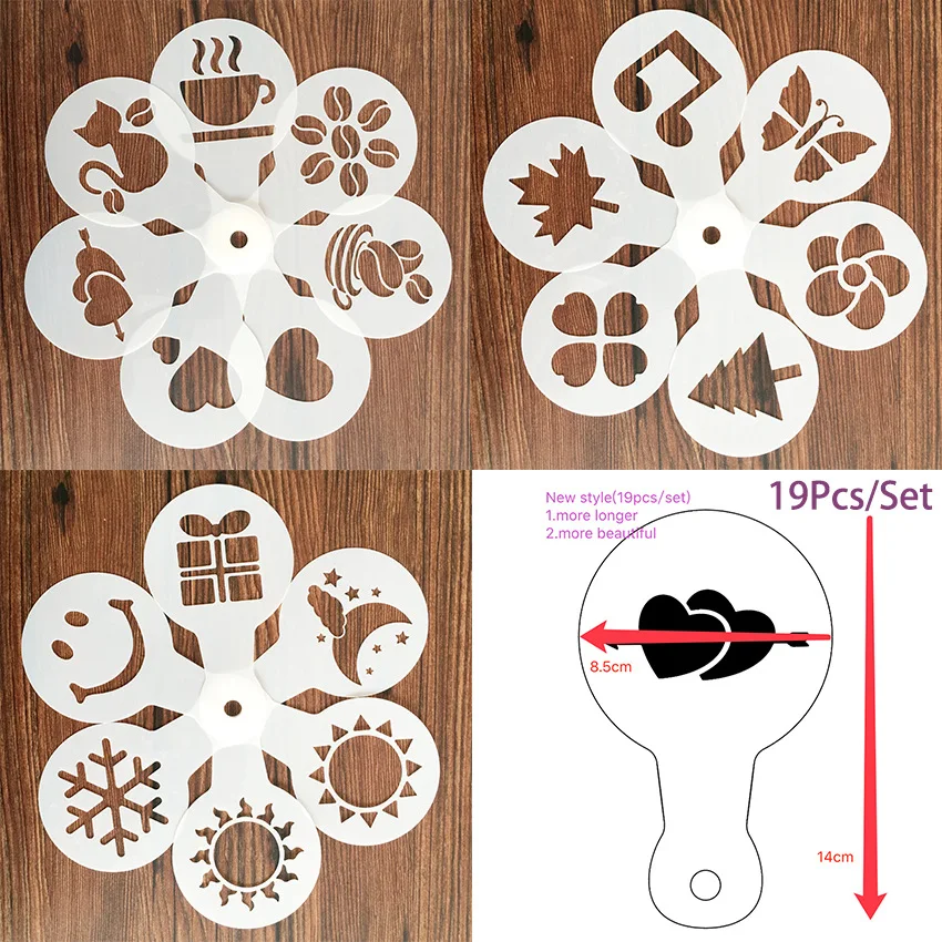 

19pcs Coffee Stencils Fancy Printing Model Foam Spray Cake Stencils Coffee Drawing Cappuccino Mold Powdered Sieve Spray Tools