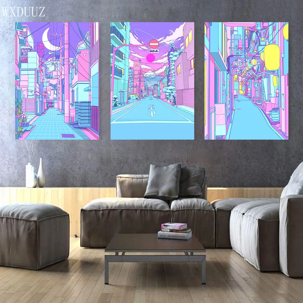 Neon Night City Street Poster Vaporwave Moon Illustration Decoration Painting Wall Art Home Kids Kawaii Room Decor Canvas | Дом и сад