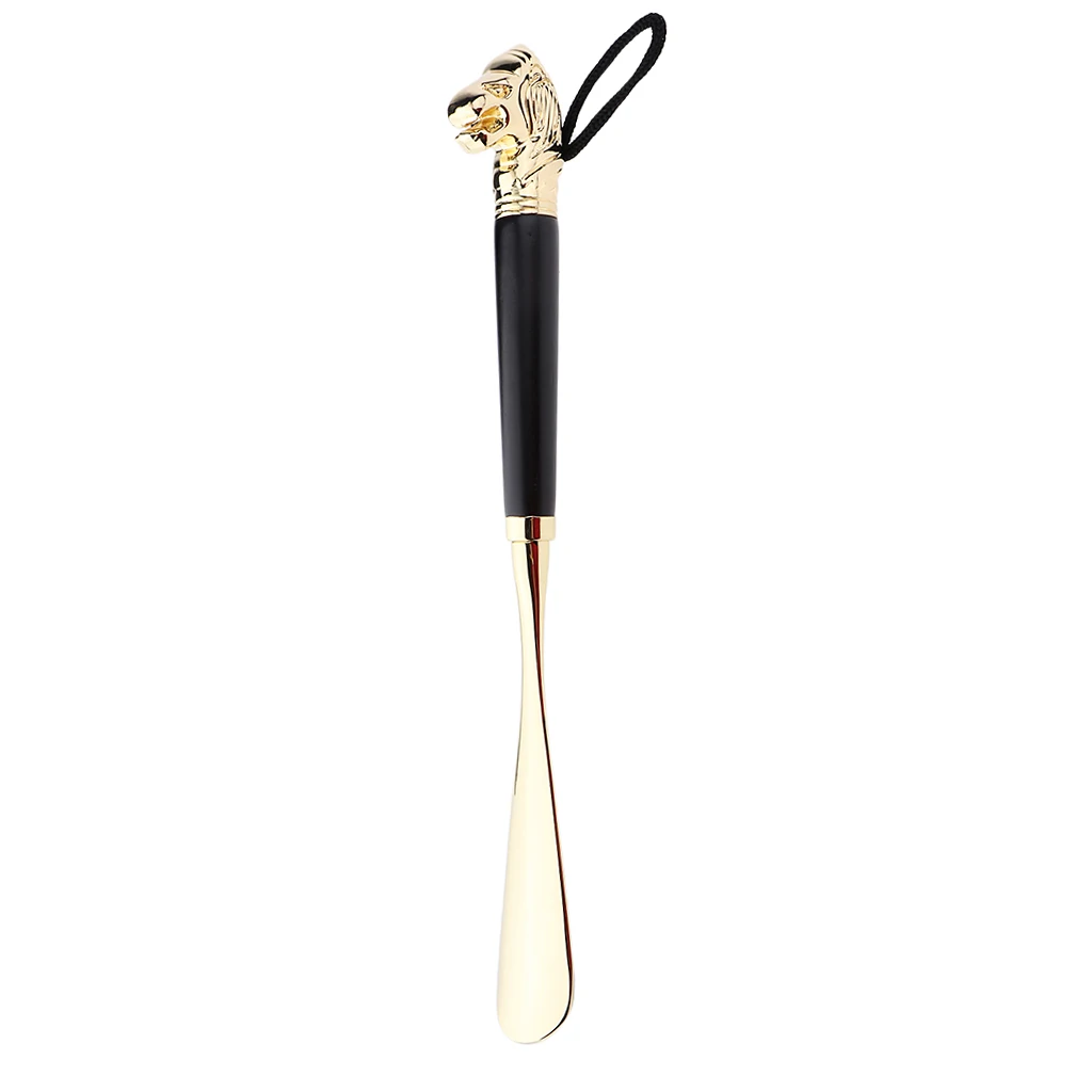 Flexible Stylish Golden Metal Black Wooden Handle Shoe Horn Lion Head Spoon Shoehorn 32 cm