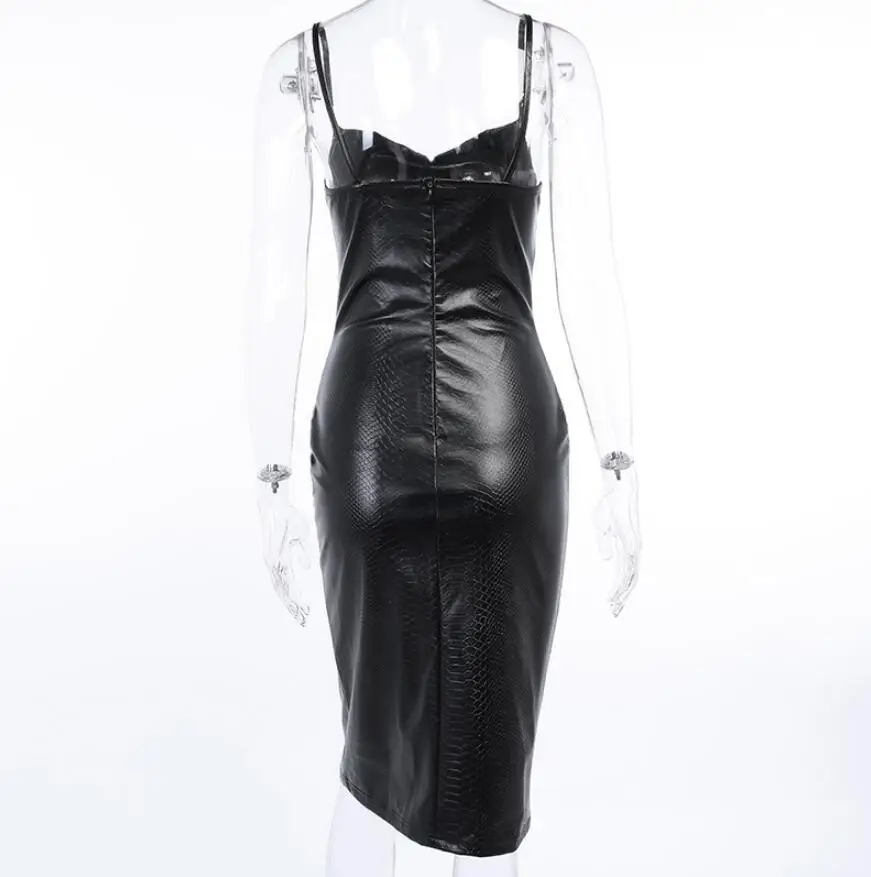 

Black Pu Leather Knee-Length Bodycon Dresse Women Sexy Spaghetti Slim Party Elegant Lady Backless Summer Dress s843