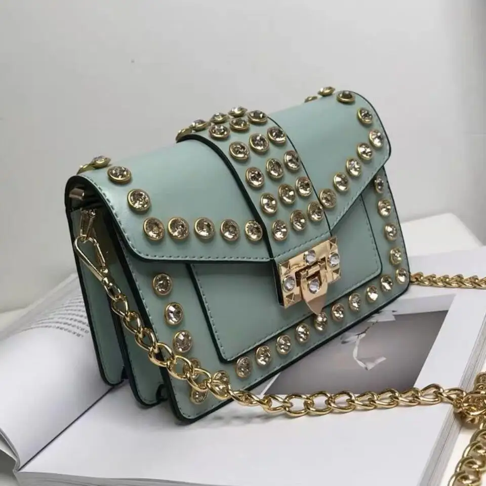

Rivet Flip Square Bag 2021 Summer New High Quality PU Leather Women Designer Handbag Diamond Lock Chain Shoulder Messenger Bag