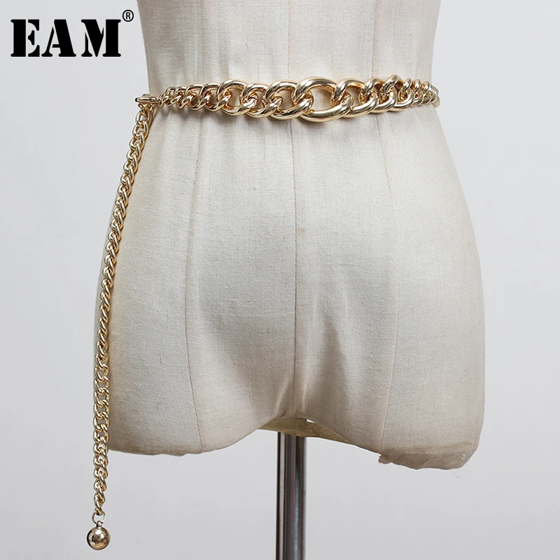 

[EAM] Silver Color Metal Chains Stitch Irregular Long Belt Personality Women New Fashion Tide All-match Spring 2022 1X045