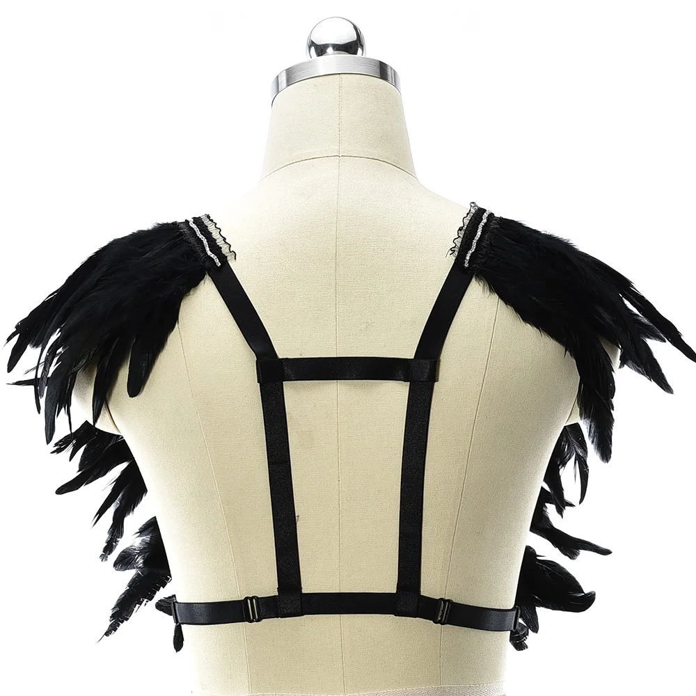 Женский укороченный топ Goth бюстгальтер-клетка с перьями и ремнями женское