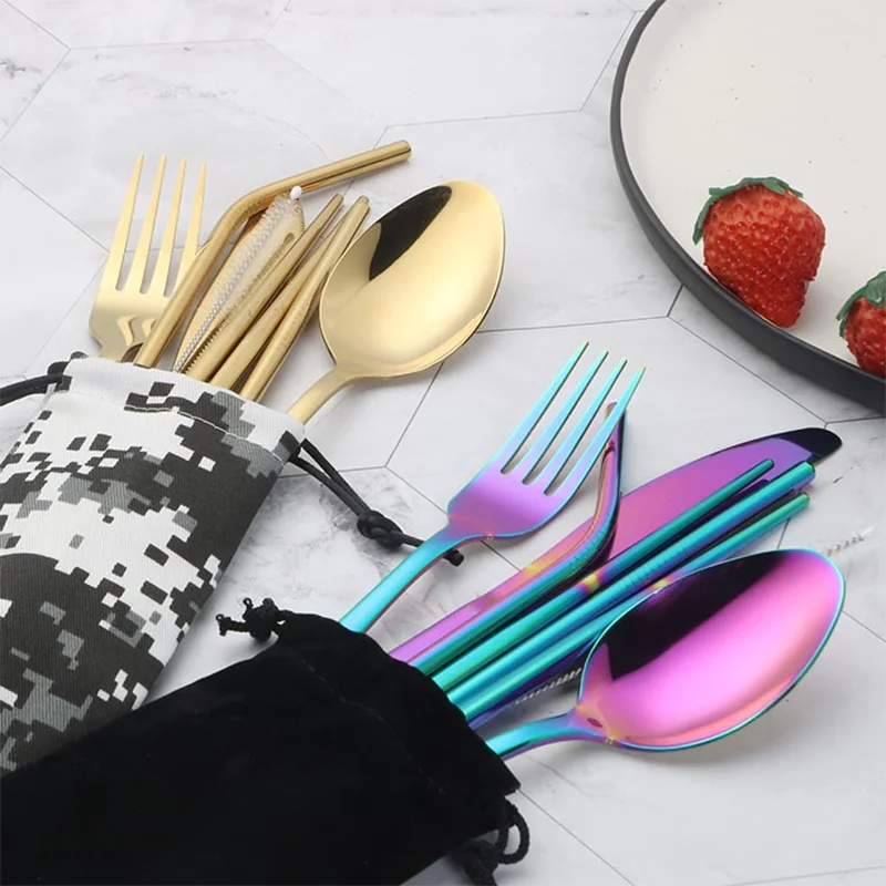 Красочный набор посуды из нержавеющей стали Винтажный Золотой столовый вилок