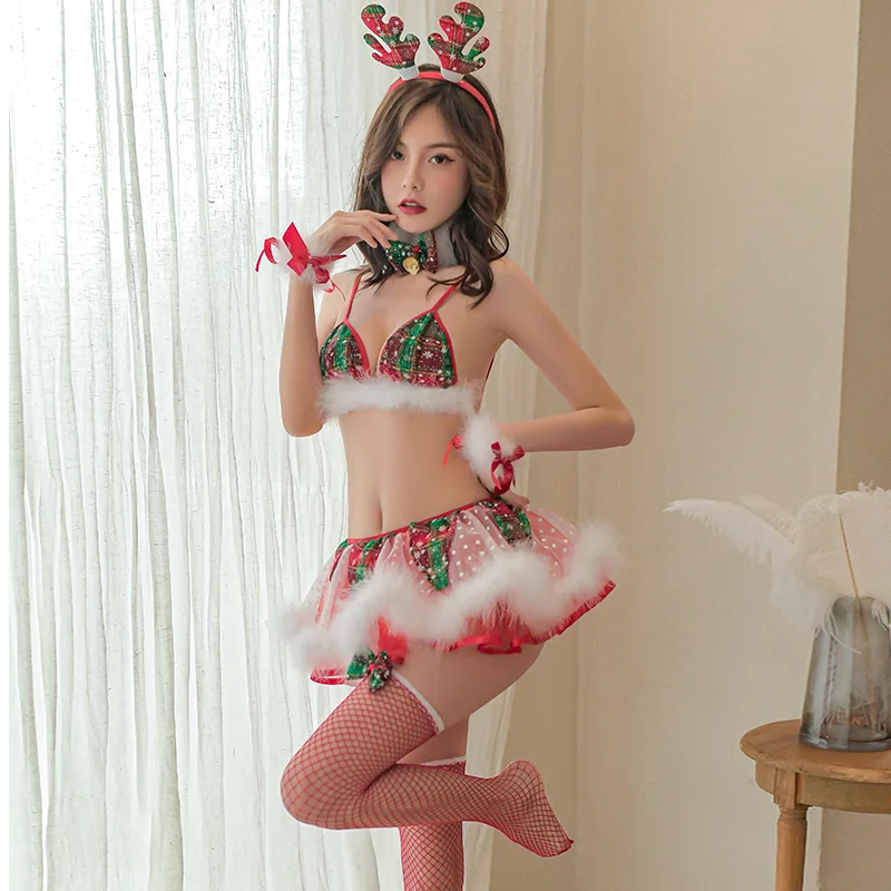 

Christmas Exotic Sexy Lingerie Set Temptation Bra Lattice Transparent Thong Miniskirt Elk Cosplay Women Underwear Mesh Dress