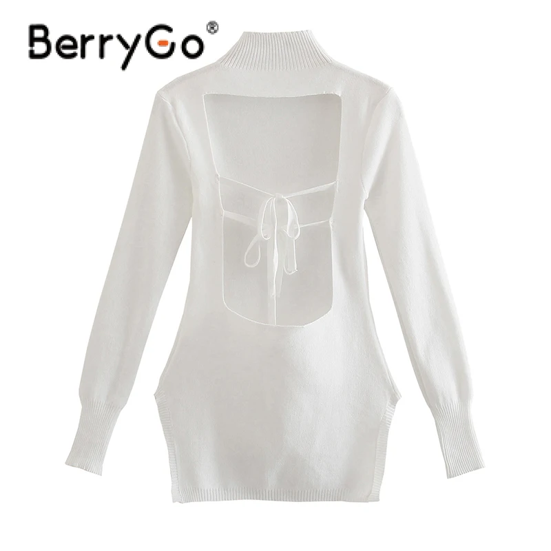 

BerryGo Sexy turtleneck lace up women's pullover autumn High street backless sheath sweater white Solid long sleeve female top