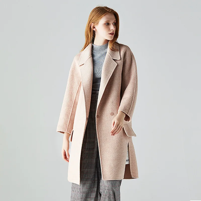 

long woolen blends cashmere coats for women 2019 autumn winter ladies jackets plus size pink herringbone double sided female