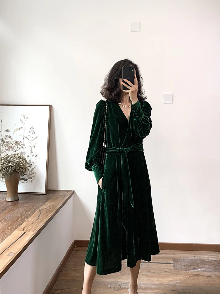 

UK Collections Elegant Wrap Midi Belted Waist Velvet Dress UK 6-UK14