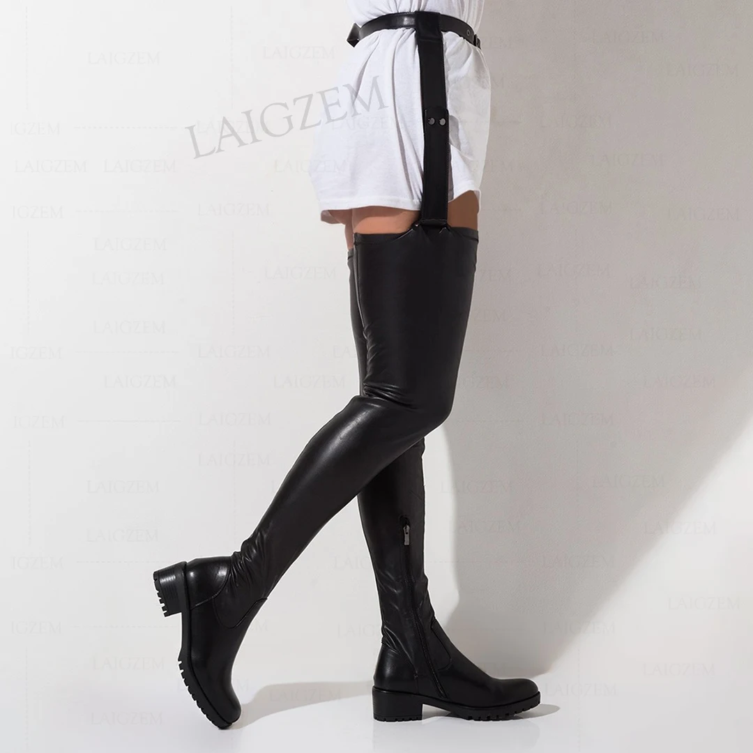 

SEIIHEM Women Thigh High Boots Stretchy Low Heels Chap Boots Black Waist Belted Ladies Elastic Shoes Woman Big Size 36 38 39 41