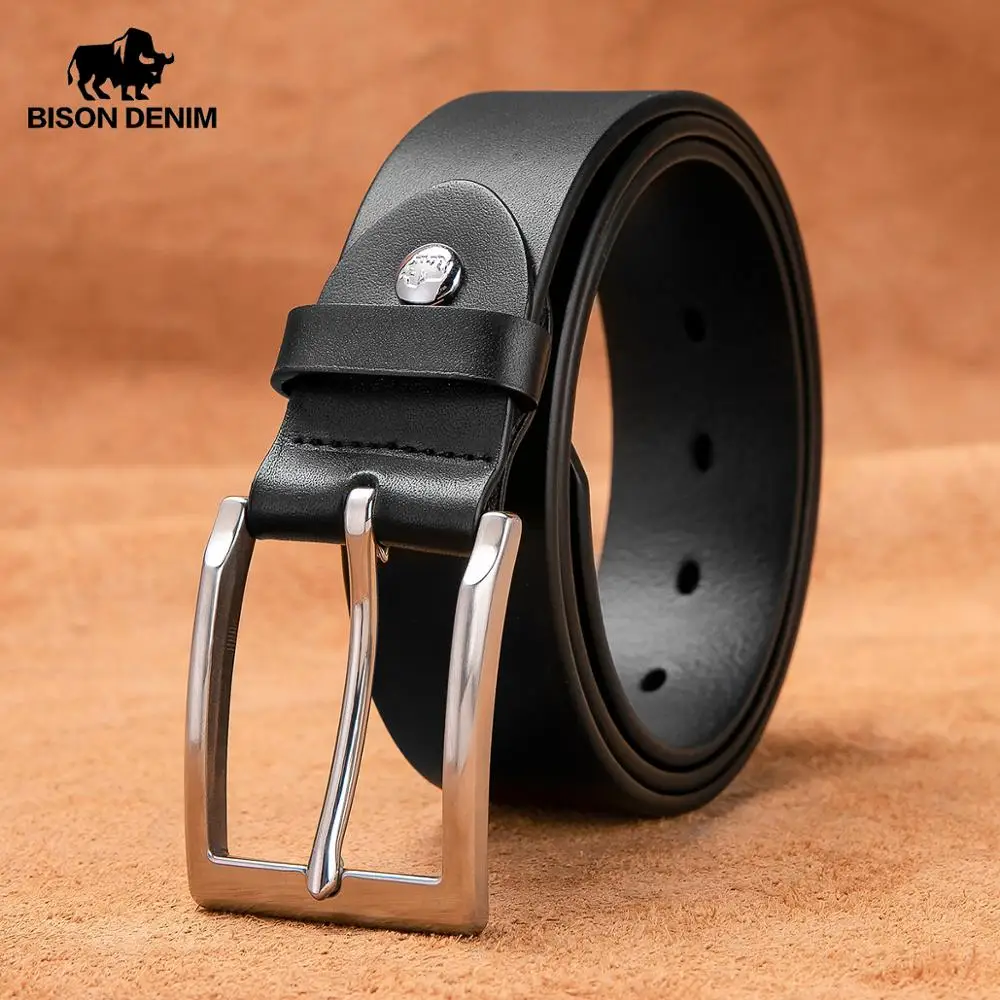BISON DENIM Genuine Leather Belt for Men Stainless Steel Pin Buckle High Quality Luxury Leather Strap Classic Men Belt N71604
