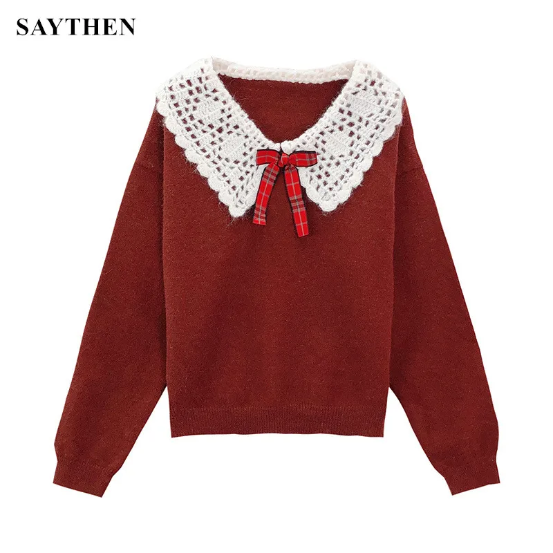 

SAYTHEN ленивый стиль ретро вязаный свитер женский с длинными рукавами Осень Новый бант кукольный воротник полый декоративный свитер куртка