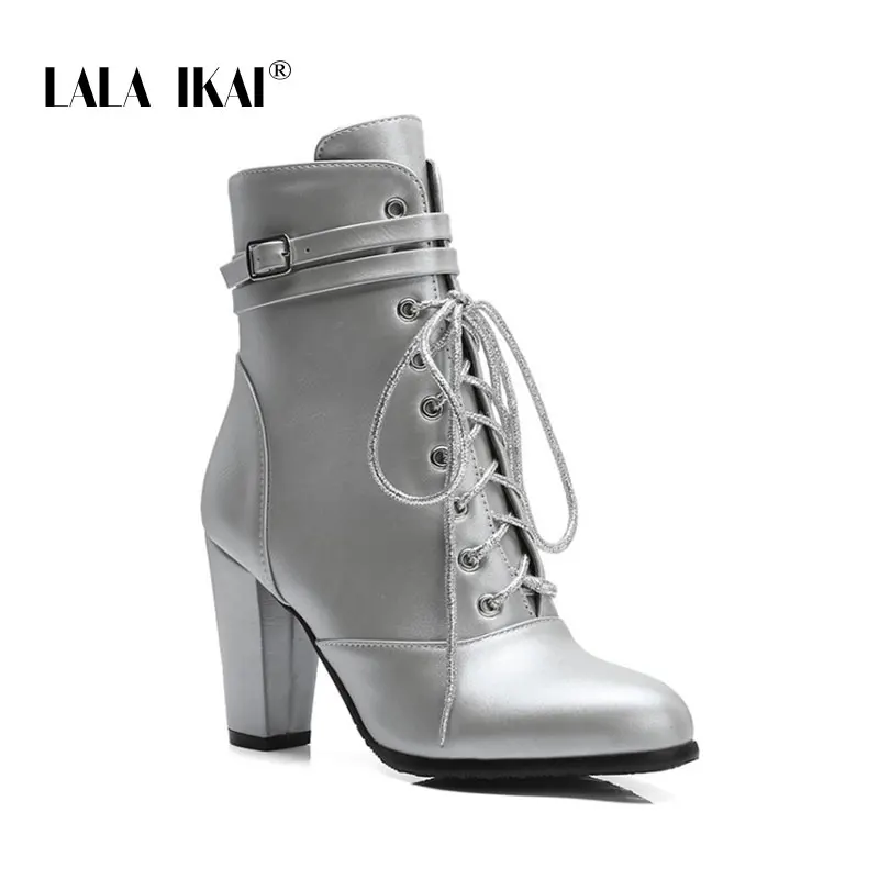 silvery LALA IKAI/женские зимние ботильоны; повседневные полусапожки из искусственной кожи с перекрестной шнуровкой; женская пикантная обувь на высоком каблуке на молнии и шнуровке; XWC5395-4 - Цвет: silvery