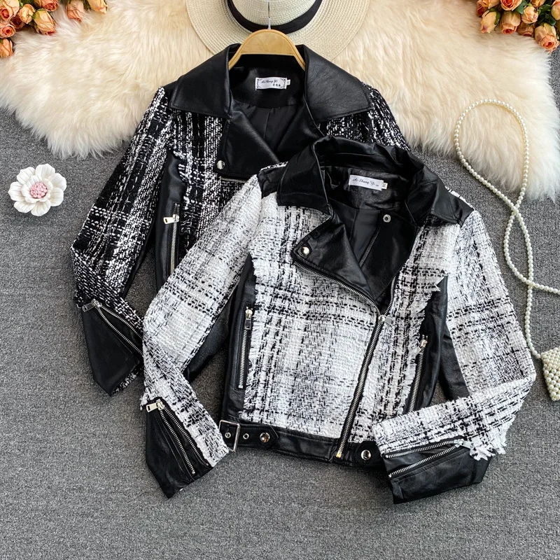 

Женская короткая мотоциклетная куртка, повседневная короткая куртка из искусственной кожи в крупную клетку, сезон осень-зима, 2021