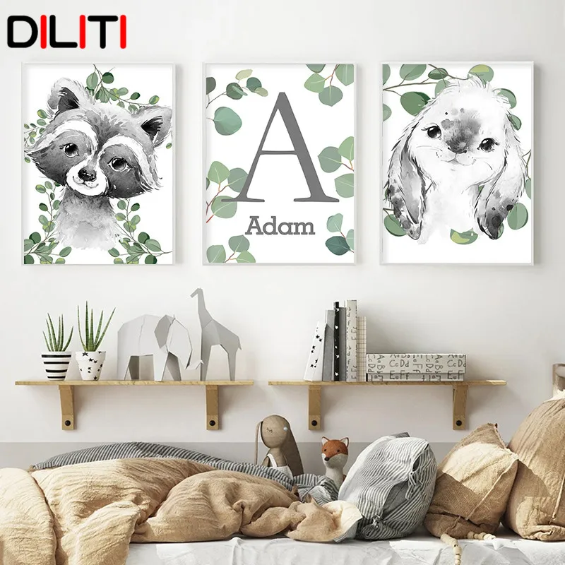 

Jungle Animals Wall Art Personalized Name Canvas Painting Elephant Tiger Nordic Posters and Prints for Baby Kids Room Decor