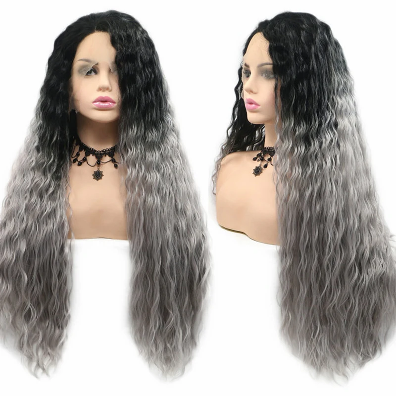 

Synthetic Lace Front Wig 13x4 Dark Grey Wig 26 Inch Colors Wigs Ombre Black Curly Highlight Frontal Cosplay Hair For Black Women