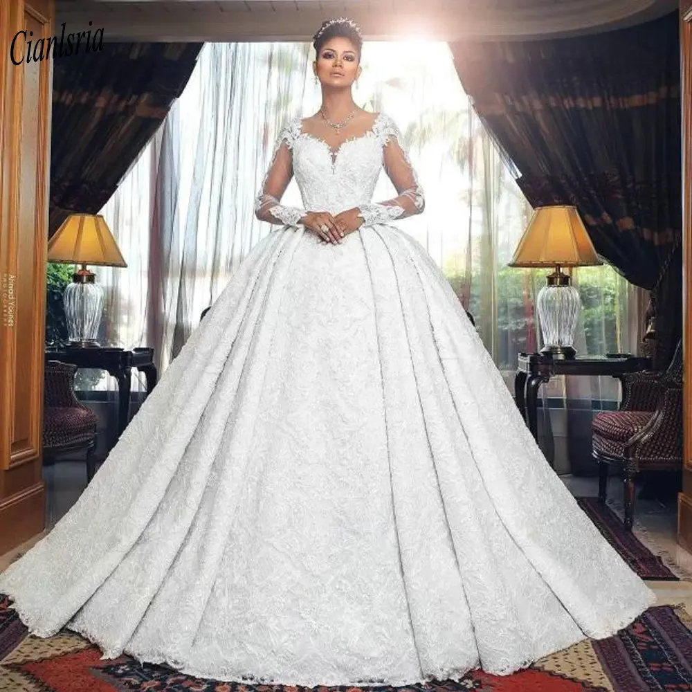 

Gorgeous Sweetheart Long Sleeve Saudi Arabic Ball Gown Wedding Dress Illusion Appliques Lace Dubai Bridal Gown Vestido De Novia