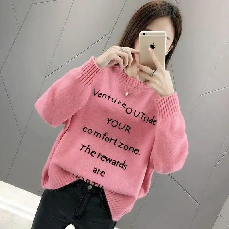 

Round Neck Letters Sweater Women Autumn and Winter Long-sleeved Large Size Pullover Knitted Warm Cashmere Sweater