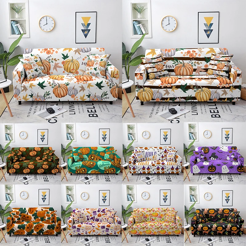 Funda el&aacute;stica con estampado de calabaza fantasma para sof&aacute;, cubierta de esquina el&aacute;stica para sala de estar, decoraci&oacute;n para fiesta de Halloween, Protector de sof&aacute;-0