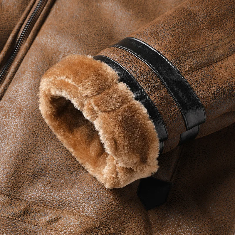 

New Winter Suede Fur Coat England Style Thick Men Leather Jackets Embroidery Motorcycle Leather Jacket Men Vintage Leather Coat