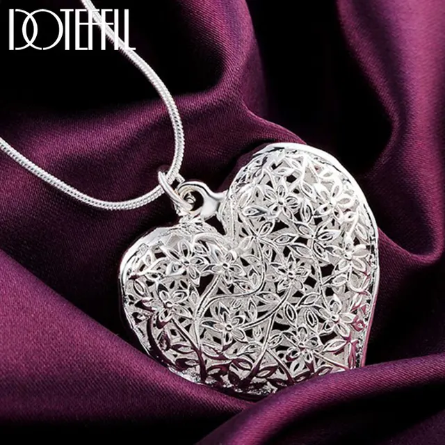 Doteffil 925 sterling silver 18-30 inch carved heart pendant snake chain necklace for women fashion wedding party charm jewelry