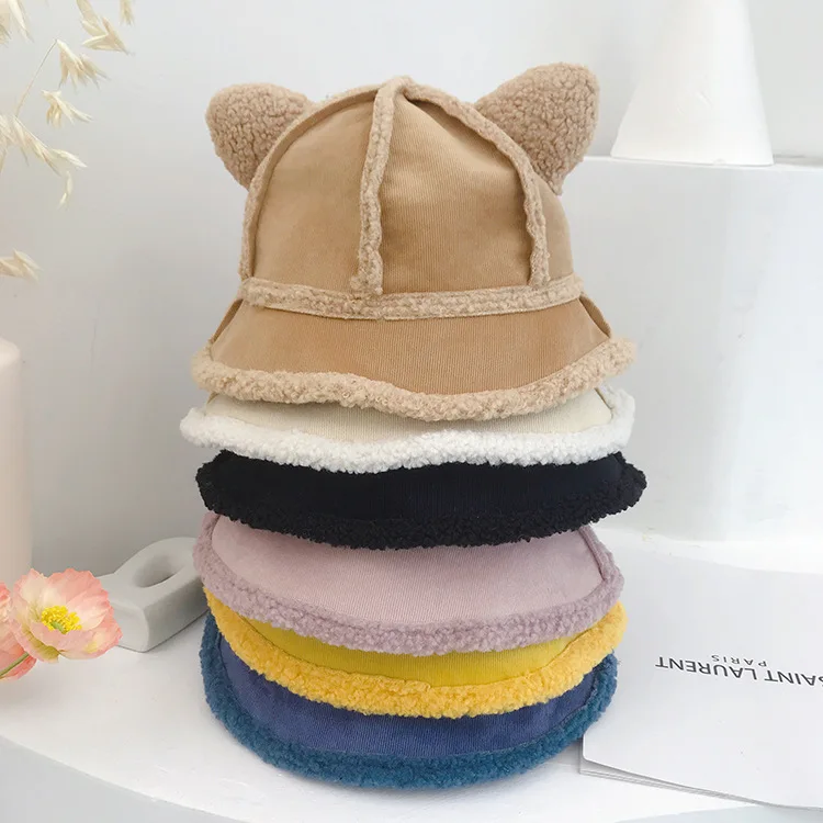 Hat Female Autumn and Winter Warm Berber Fleece Cat Ears Reversible Fisherman Hat Female Style Soft Girl Cute Girl Basin Hat