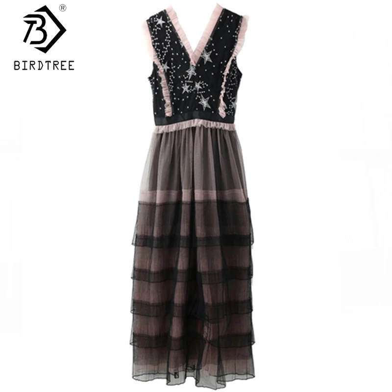 Женское офисное платье без рукавов Сетчатое миди с вышивкой и V образным вырезом